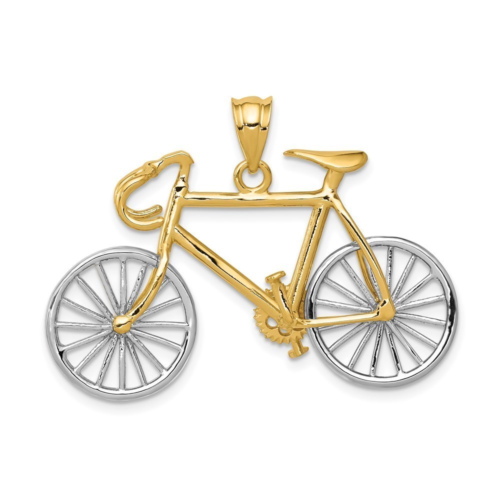14k Yellow Gold Travel Large Two-tone 3-D Bicycle Necklace Charm Pendant